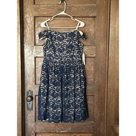 Eliza J Dresses & Skirts - NWT Eliza J Navy Blue Floral Lace Nude Lined Off Shoulder Dress Sz 10 Fit Flare